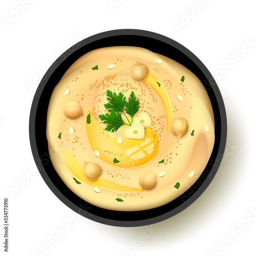 Hummus topped with whole chickpeas, olive oil, sesame, parsley, slices of garlic and sprinkled with paprika and greenery in black bowl with shadow isolated on white background. Realistic vector 