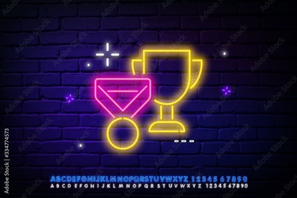 Neon signs of the champion vector isolated on a brick wall. Trophy, gold  medal, Cup decoration effect. Neon illustration. Stock Vector | Adobe Stock