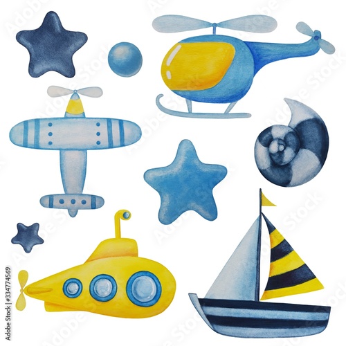Watercolor set with cute kids cartoon ship,plane, copter, submarine, stars and seyshells.