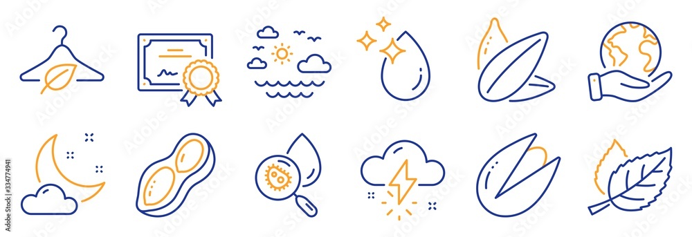 Set of Nature icons, such as Water drop, Water analysis. Certificate, save planet. Thunderstorm weather, Pistachio nut, Sunflower seed. Leaf, Night weather, Travel sea. Vector