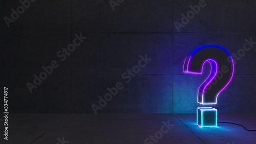Neon question mark with concrete wall 3D rendering