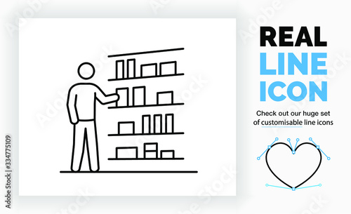 Editable real line icon of a shopping stick figure person in full body view taking a product box from the shelf in a grocery store in modern black lines on a clean white background as eps vector file