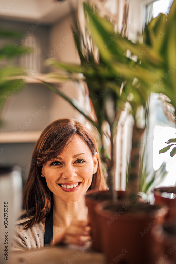 Head shot portrait of a smiling woman putting houseplants on the shelf, at florist store. Head shot portrait of a smiling woman putting houseplants on the shelf, at florist store.