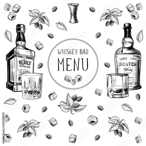 Menu templated for the whisky related businesses. Black and white sketch imitating chalk drawing on a blackboard. Sketch style drawing isolated on white background. EPS10 vector illustration.
