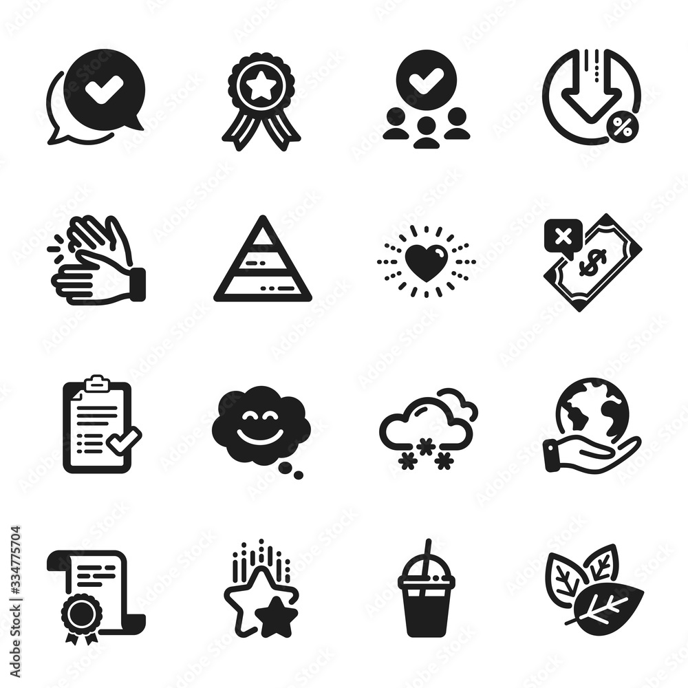 Set of Business icons, such as Snow weather, Ranking stars. Certificate, approved group, save planet. Coffee cocktail, Heart, Smile chat. Pyramid chart, Organic tested, Loan percent. Vector