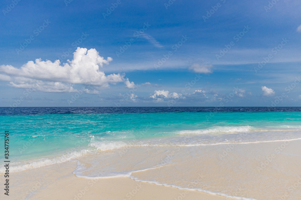 Fototapeta premium Sea beach blue sky with white sand sunny weather, relaxation landscape seascape with horizon. Exotic travel and vacation scenery, wonderful summer mood, beach vibes