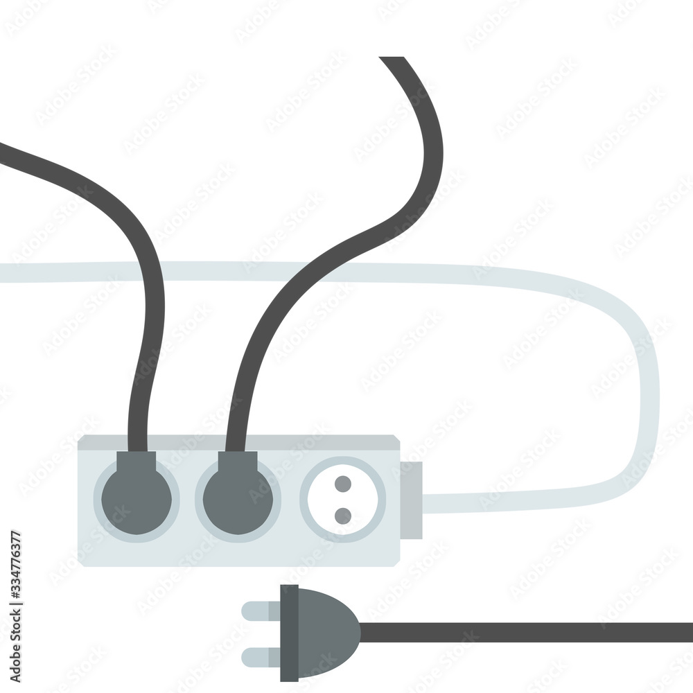 Many outlets to plug with wires. load on system. Cartoon flat illustration. High voltage and current. Electrical socket. Household appliance at home