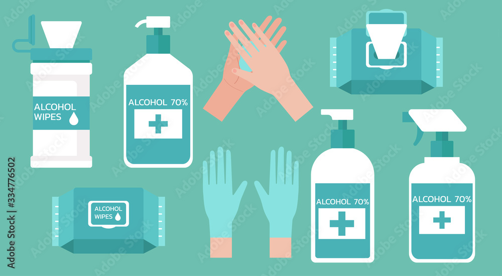 set of hand washing supplies for good hygiene, virus prevention and flu protection with hand sanitizers, alcohol gel, wet wipes and gloves, vector flat illustration - obrazy, fototapety, plakaty 