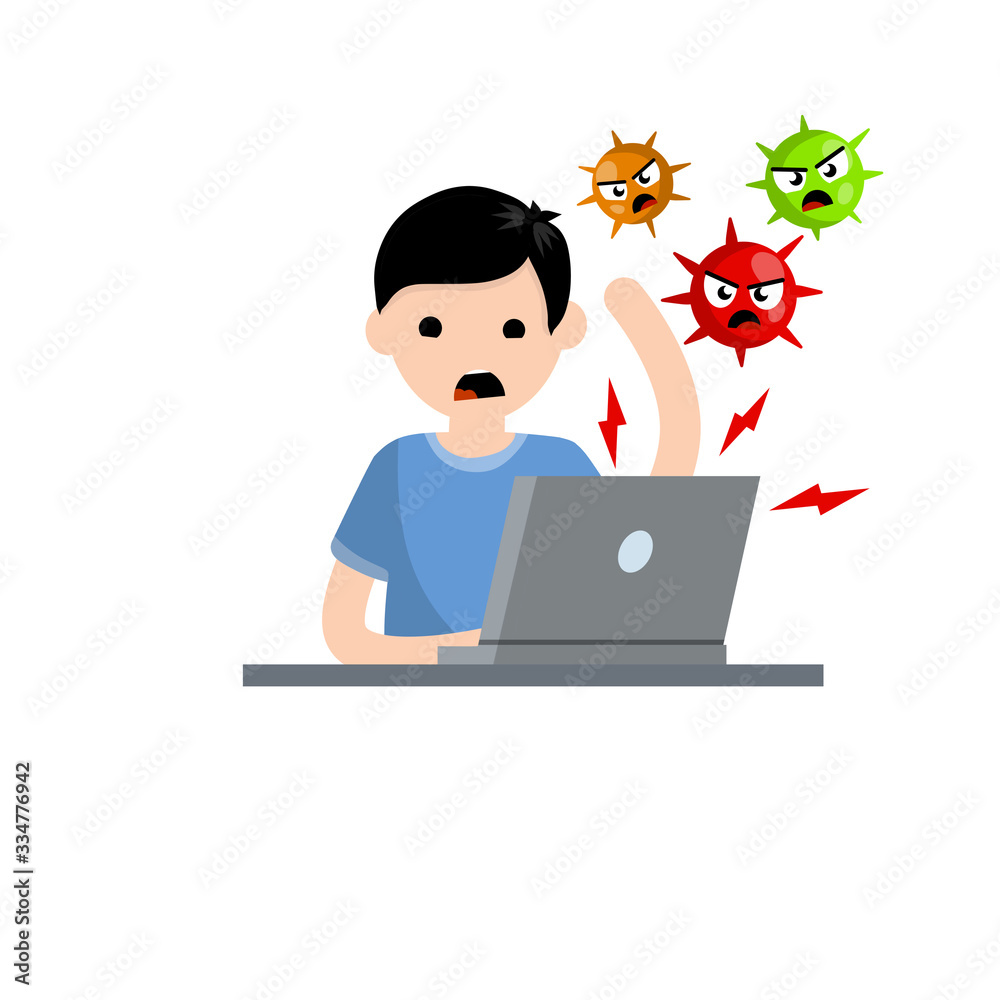 Man at laptop with virus. problem with the computer. Online threat. Young angry guy. Account hacking. Cartoon flat illustration. Hacker attack Man at laptop with virus. problem with the computer. Online threat. Young angry guy. Account hacking. Cartoon flat illustration. Hacker attack