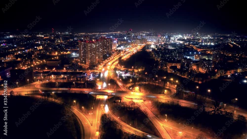 City center at night. Shot from a drone