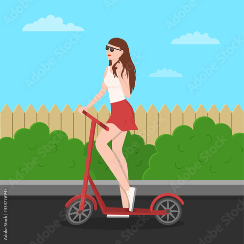 Cute slender young girl in glasses, a T-shirt and a skirt coquettishly touches brown hair. Standing by the scooter holding the wheel. Vector illustration.flat style. Eco, non-polluting urban transport