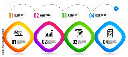 Feather, Efficacy and Online survey icons simple set. Timeline infographic. Report document sign. Copyright page, Business chart, Quiz test. Statistics file. Education set. Vector