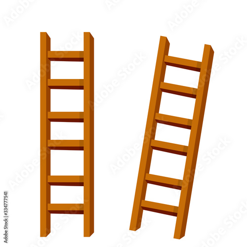 Set of wooden brown stairs. Go up to the top level. Straight and inclined objects. Rustic country Equipment