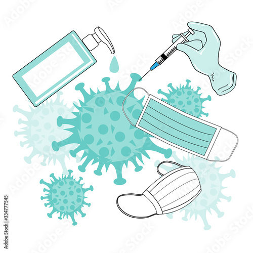  Epidemic disease concept. Vector illustration with coronavirus and methods of protection. Prick, antiseptic and protective mask on a white background
