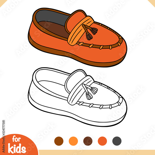 Coloring book, cartoon shoe collection. Moccasin