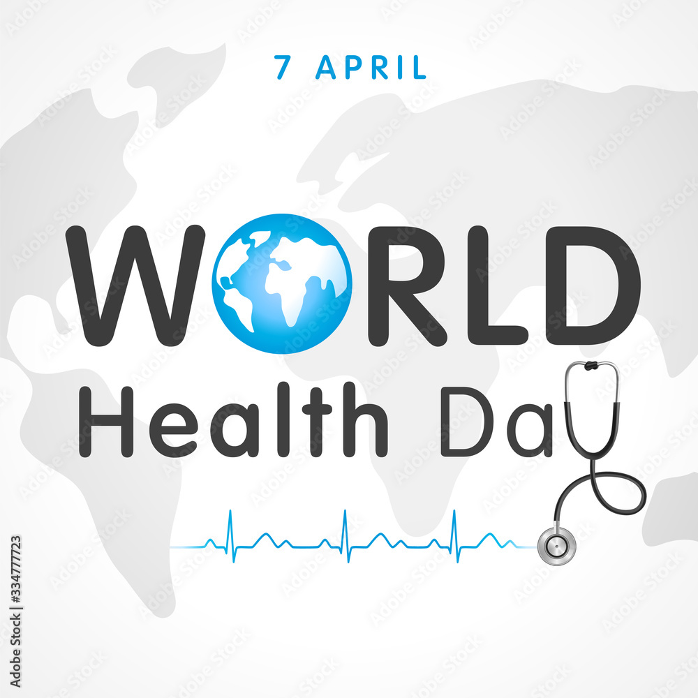 World health day concept text design with doctor stethoscope and heartbeat. Globe in text and normal cardiogram for poster on World Health Day, 7 April. Vector Illustration