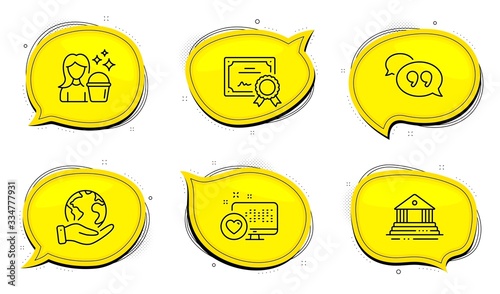 Quote bubble sign. Diploma certificate, save planet chat bubbles. Cleaning, Heart and Court building line icons set. Maid service, Social media, Government house. Chat comment. Business set. Vector