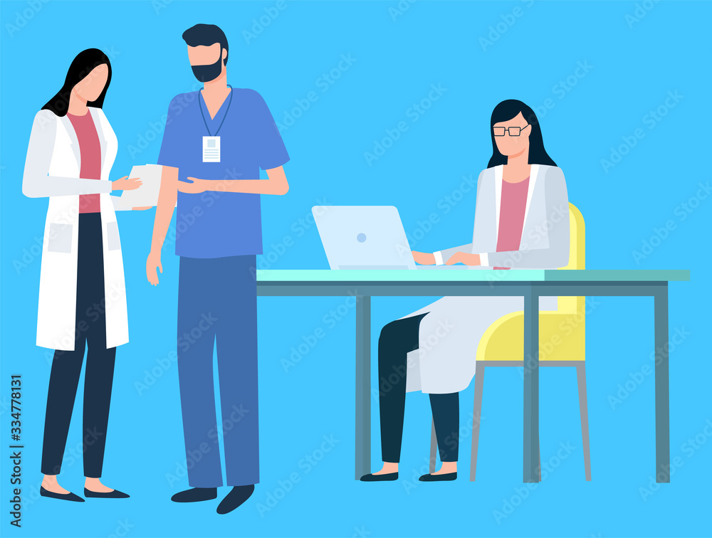 People at work vector, isolated doctors wearing uniform, laboratory with professionals dealing with sickness and diseases. Science study of experts People at work vector, isolated doctors wearing uniform, laboratory with professionals dealing with sickness and diseases. Science study of experts