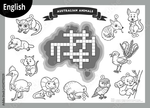 Vector black and white crossword in English. Cartoon animals of Australia photo