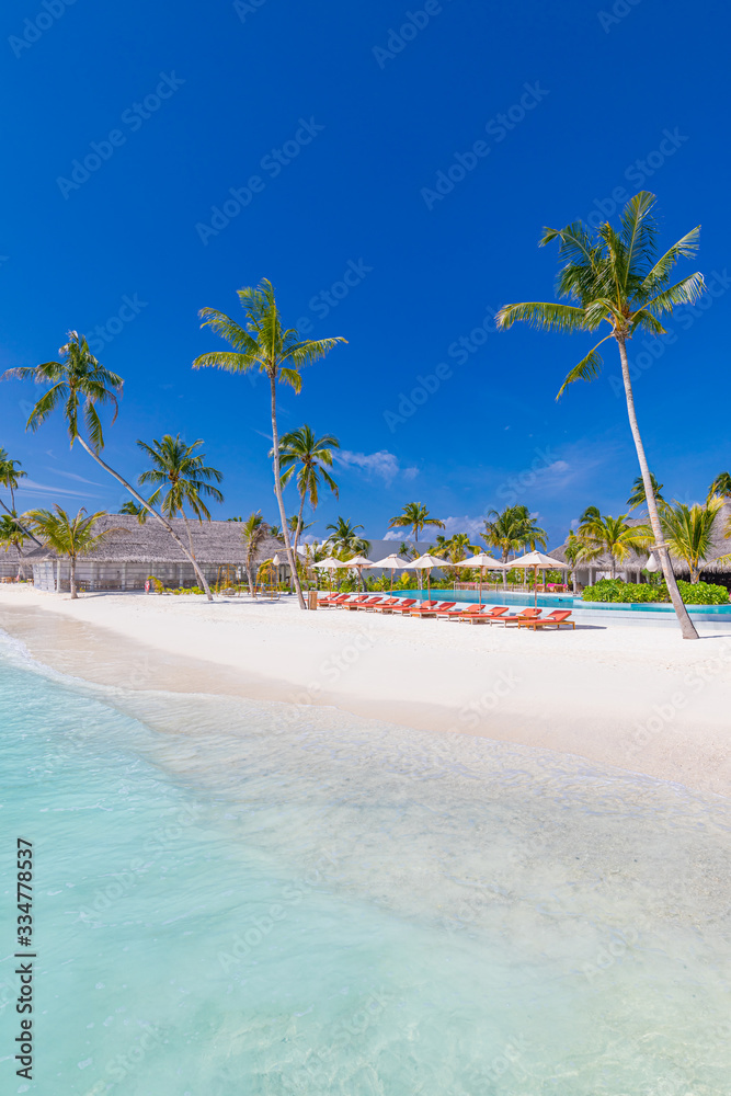 Swimming pool bar in tropical Maldives island. Amazing summer landscape with palm trees and white sand, luxury travel background, vacation and holiday concept