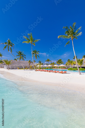 Swimming pool bar in tropical Maldives island. Amazing summer landscape with palm trees and white sand, luxury travel background, vacation and holiday concept