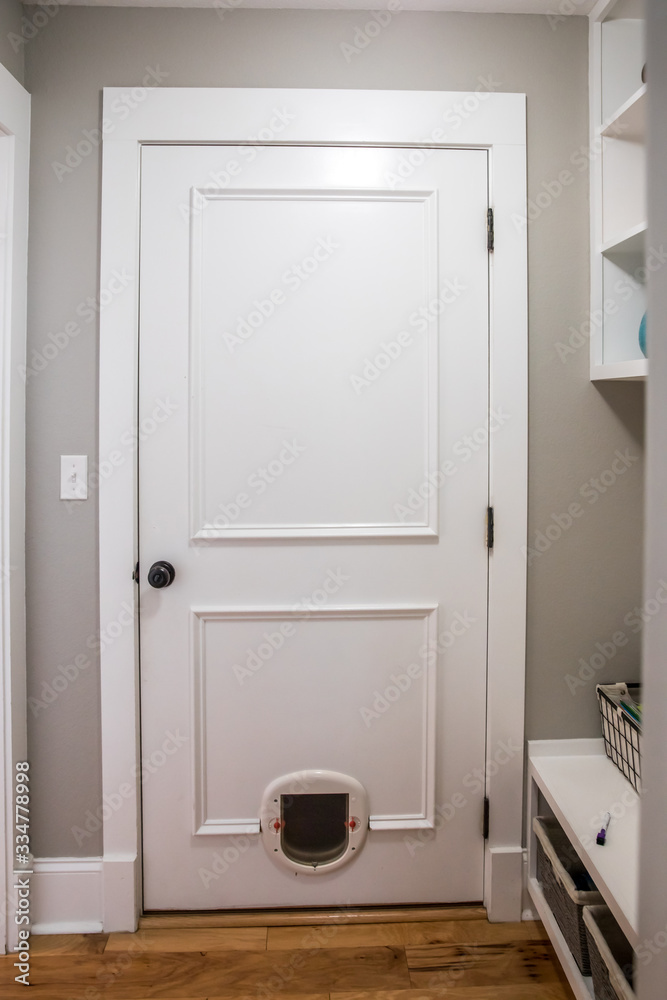 A white door to the garage with a pet cat dog small door and hardwood floors in a new construction home house A white door to the garage with a pet cat dog small door and hardwood floors in a new construction home house