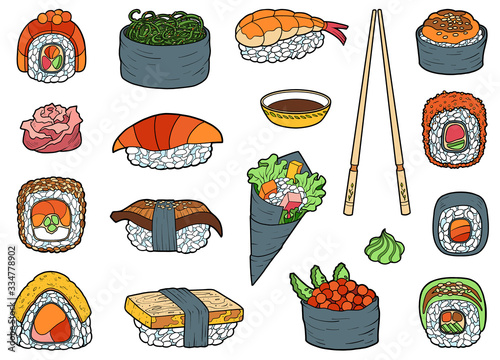 Vector set of japanese food, colorful collection of cartoon sushi, sashimi and rolls