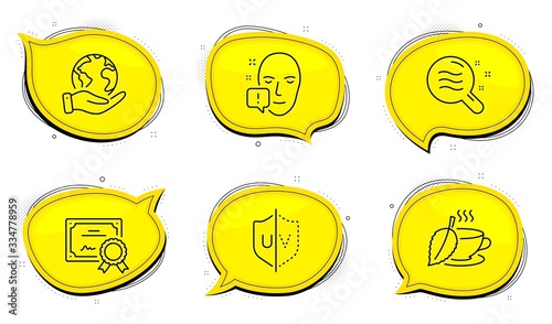 Mint tea sign. Diploma certificate, save planet chat bubbles. Skin condition, Face attention and Uv protection line icons set. Search magnifier, Exclamation mark, Ultraviolet. Mentha beverage. Vector