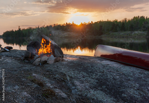 Making camp on a rocky island in Whiteshell Provincial Park in Manitoba, Canada. photo