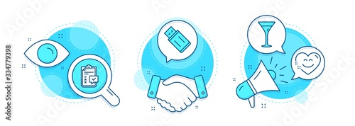Usb flash, Smile chat and Checklist line icons set. Handshake deal, research and promotion complex icons. Martini glass sign. Memory stick, Heart face, Survey. Wine. Business set. Vector