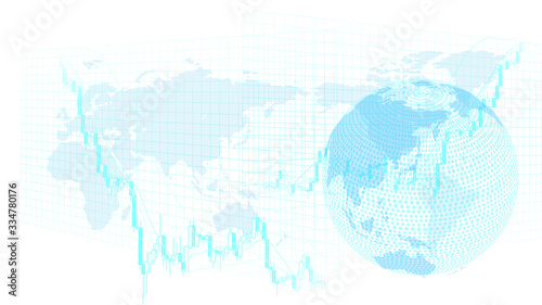 急落する株価チャートと世界地図白色背景イメージ