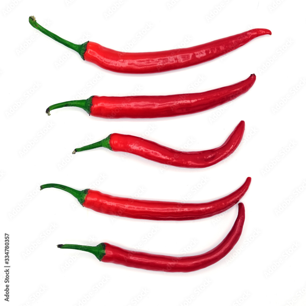 Five fresh juicy peppers isolated on a white background. Above view.