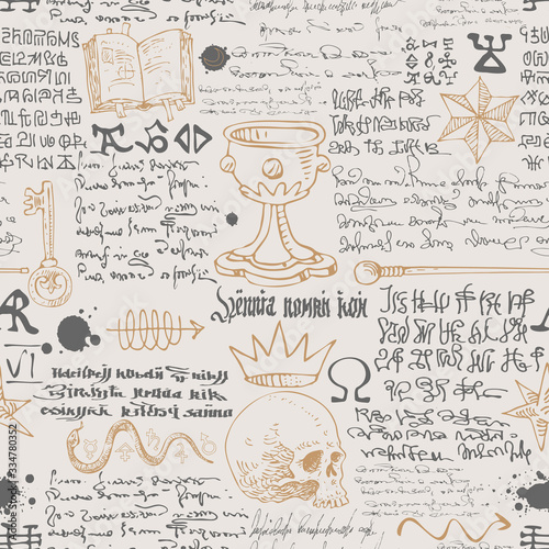 vector image of a seamless texture in the form of an alchemical formula with encrypted symbols in the style of medieval old manuscripts graphic