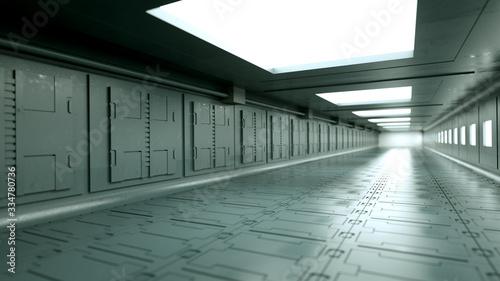 3d render. Futuristic spaceship scifi corridor architecture