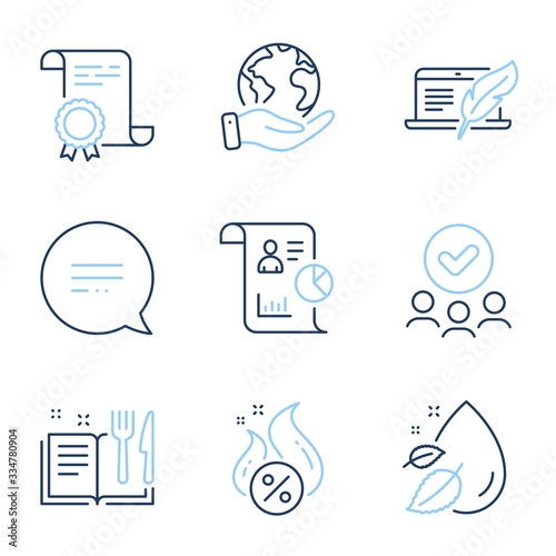 Copyright laptop, Recipe book and Report line icons set. Diploma certificate, save planet, group of people. Text message, Water drop and Hot loan signs. Writer device, Food, Work statistics. Vector