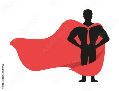 Superhero icon - vector black Superhero silhouette wearing red cloak flying on wind. Superman with strong arm posing. Strong man as fitness sign, masculinity symbol, protection emblem. Eps 10.