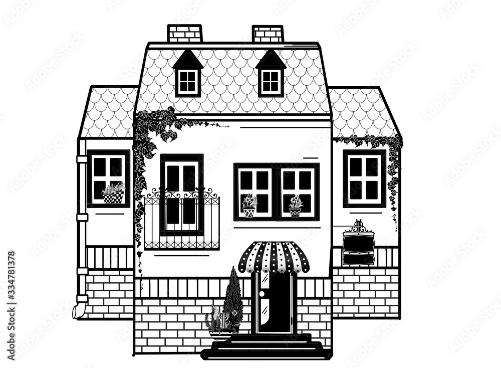 line drawing house, black and white building hand draw with details and elements, window, door, roof, facade, modern classic style