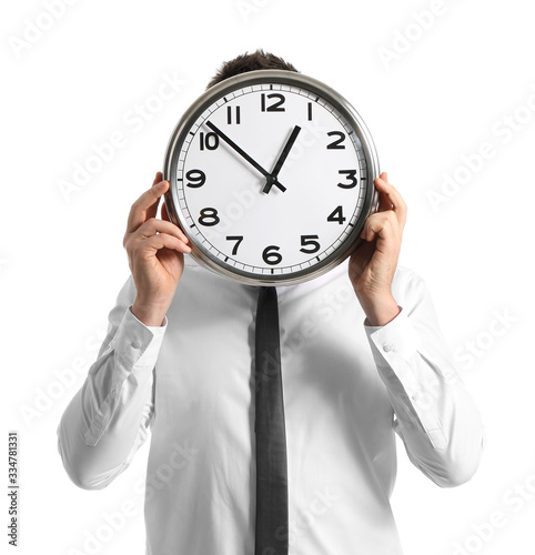 Businessman with clock on white background. Time management concept