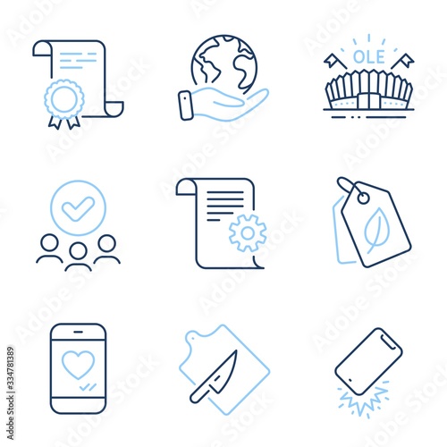 Sports arena, Bio tags and Smartphone broken line icons set. Diploma certificate, save planet, group of people. Cutting board, Technical documentation and Love chat signs. Vector