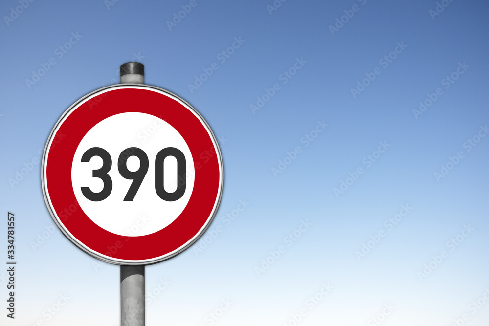 Obraz premium Verkehrsschild, erlaubte Höchstgeschwindigkeit, 390 km/h,