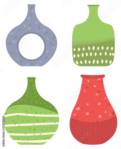 Set of striped vase isolated on white. Crockery decorative jar with waves ornament, color pot in flat style design, ceramic flowerpot. Handmade items from clay. Vase for flowers. Vector illustration