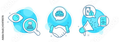 Smile, Private payment and View document line icons set. Handshake deal, research and promotion complex icons. Arena stadium sign. Positive feedback, Secure finance, Open file. Sport complex. Vector