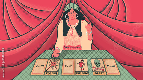Картината върху платно Woman reading tarot cards with P-value and red velvet background