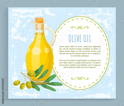 Olive oil, hair natural cosmetics, bottle and branch plant essence, vector banner. Organic skincare product, shampoo or hair mask ingredient. Oily substance for strong and silky hairs illustration