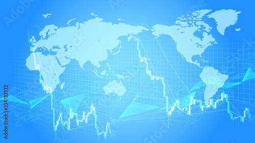 急落する株価チャートと世界地図青色背景イメージ