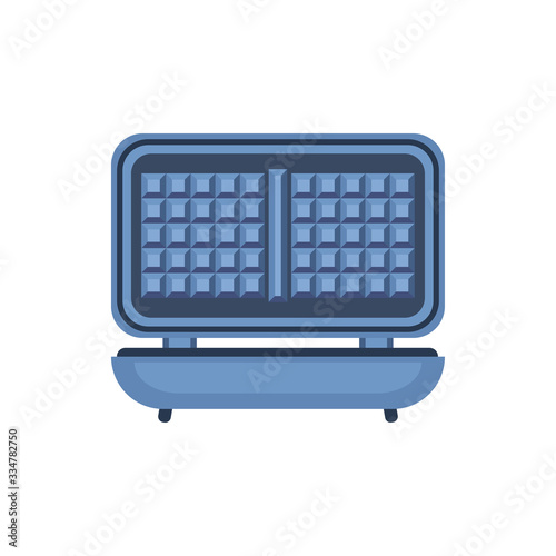 Vector illustration with blue waffle iron on white background for banner design. Isolated waffle maker. Modern flat illustration. Flat style vector. Graphic element. Template for concept design.