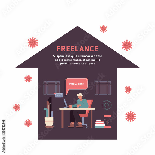 Comfortable home workplace with turned on desktop on the desk, wheelchair, lamp and some books. Working late at night. Flat style illustration or icon. EPS 10 vector.