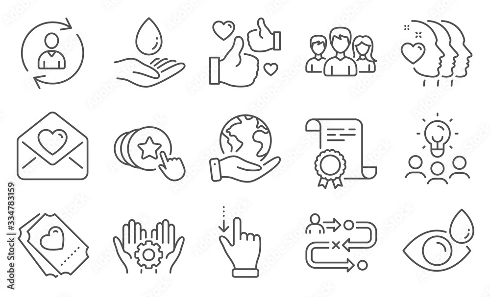Set of People icons, such as Touchscreen gesture, Friends couple. Diploma, ideas, save planet. Employee hand, Love ticket, Hold heart. Eye drops, Like, Water care. Vector
