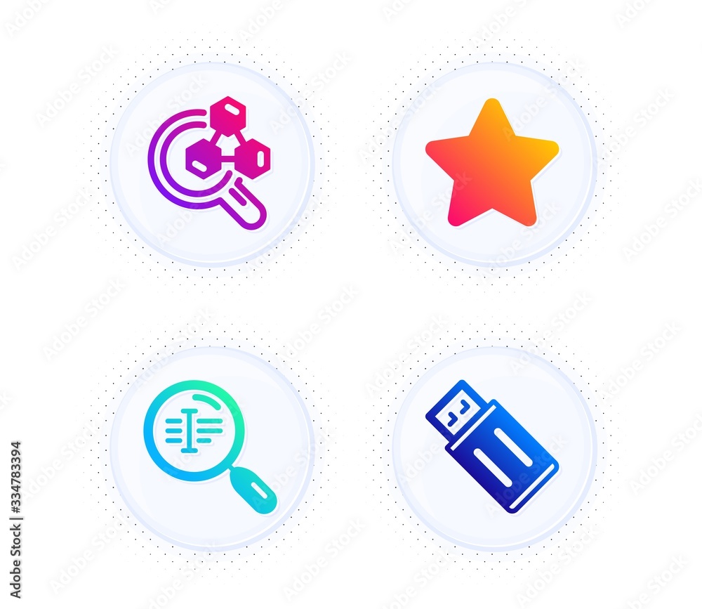 Search text, Chemistry lab and Star icons simple set. Button with halftone dots. Usb flash sign. Find word, Lab research, Best rank. Memory stick. Technology set. Vector