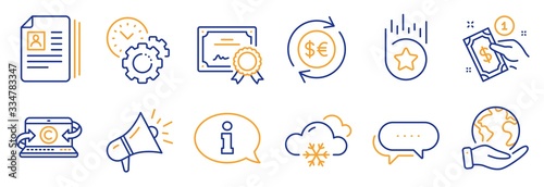 Set of Business icons, such as Payment method, Information. Certificate, save planet. Snow weather, Megaphone, Copywriting notebook. Dots message, Money currency, Loyalty star. Vector